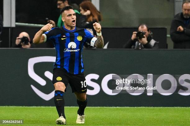 Lautaro Martinez of Internazionale FC celebrates a second goal during the Serie A TIM match between FC Internazionale and Atalanta BC - Serie A TIM...