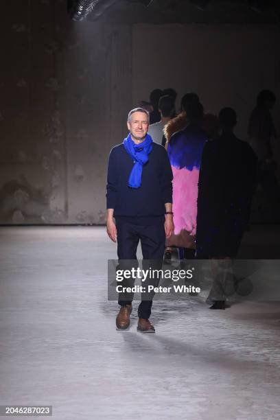 Dries Van Noten walks the runway during the Dries Van Noten Womenswear Fall/Winter 2024-2025 show as part of Paris Fashion Week on February 28, 2024...