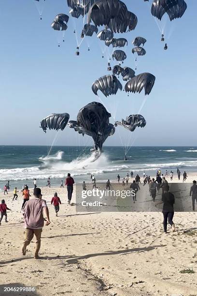 This image grab from an AFPTV video shows Palestinians running toward parachutes attached to food parcels, airdropped from US aircrafts on a beach in...