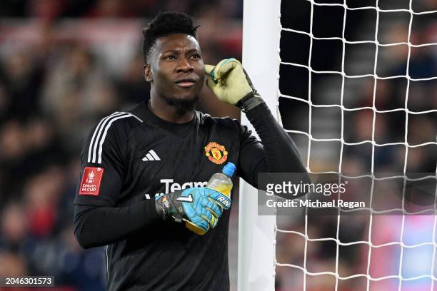Andre Onana of Manchester United gestures as he reacts during the Emirates FA Cup Fifth Round match between Nottingham Forest and Manchester United...