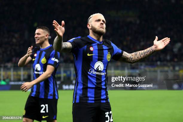 Federico Dimarco of FC Internazionale celebrates scoring his team's first goal during the Serie A TIM match between FC Internazionale and Atalanta BC...