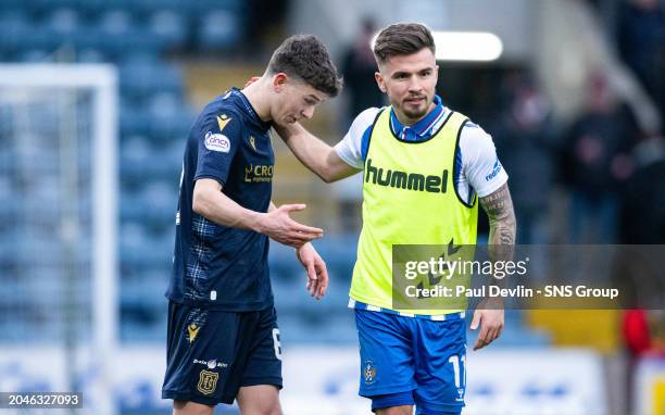 Dundee's Owen Beck and Kilmarnock's Daniel Armstrong at full time during a cinch Premiership match between Dundee and Kilmarnock at the Scot Foam...