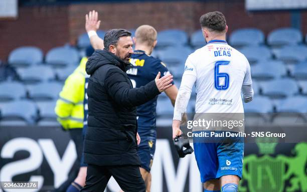 Kilmarnock's Robbie Deas and Manager Derek McInnes at full time during a cinch Premiership match between Dundee and Kilmarnock at the Scot Foam...