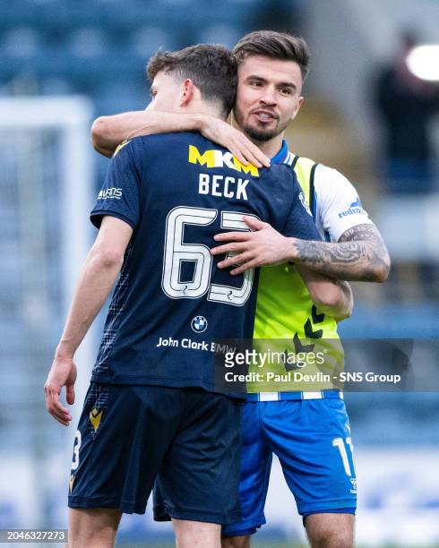 Dundee's Owen Beck and Kilmarnock's Daniel Armstrong at full time during a cinch Premiership match between Dundee and Kilmarnock at the Scot Foam...