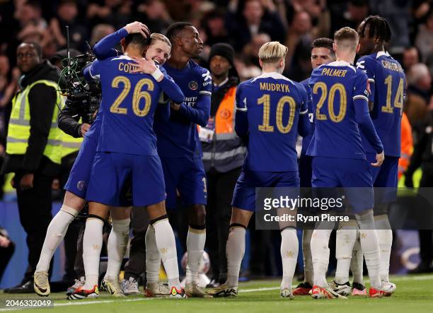 Conor Gallagher of Chelsea celebrates scoring his team's third goal with teammate Levi Colwill during the Emirates FA Cup Fifth Round match between...