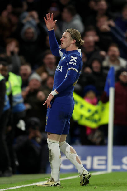 Conor Gallagher of Chelsea celebrates scoring his team's third goal during the Emirates FA Cup Fifth Round match between Chelsea and Leeds United at...