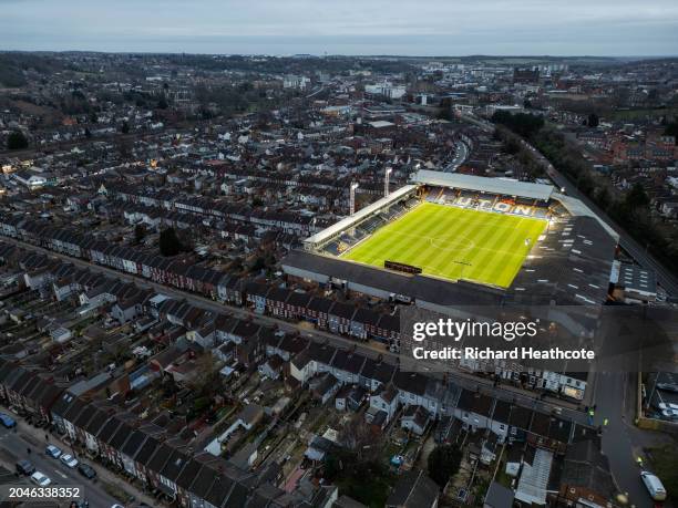 An aerial view of the Kenilworth Road stadium with the floodlights on before the Emirates FA Cup Fifth Round match between Luton Town and Manchester...