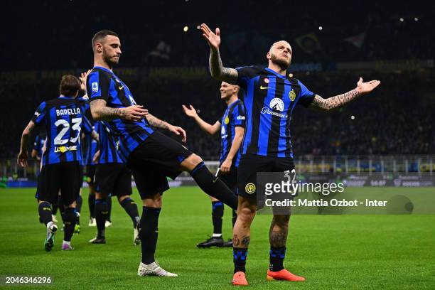 Federico Dimarco of FC Internazionale celebrates after scoring their team's third goal during the Serie A TIM match between FC Internazionale and...