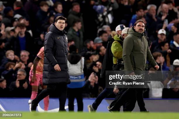 Mauricio Pochettino, Manager of Chelsea, and Daniel Farke, Manager of Leeds United, look on after the Emirates FA Cup Fifth Round match between...