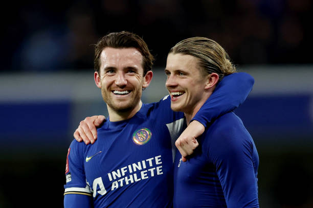 Ben Chilwell and Conor Gallagher of Chelsea celebrate victory in the Emirates FA Cup Fifth Round match between Chelsea and Leeds United at Stamford...