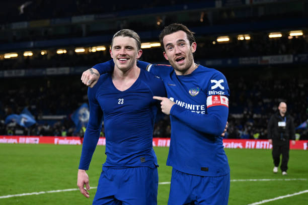 Ben Chilwell and Conor Gallagher of Chelsea celebrate victory in the Emirates FA Cup Fifth Round match between Chelsea and Leeds United at Stamford...