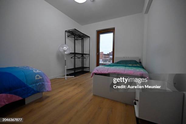 View of a bedroom of an athlete apartment for the Paris 2024 Olympic Games at the Olympic village on February 26, 2024 in Paris, France.