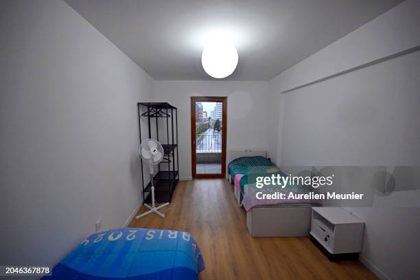 View of a bedroom of an athlete apartment for the Paris 2024 Olympic Games at the Olympic village on February 26, 2024 in Paris, France.