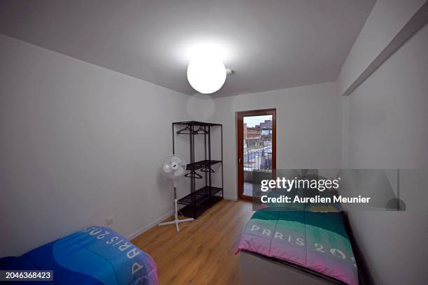 View of a bedroom of an athlete apartment for the Paris 2024 Olympic Games at the Olympic village on February 26, 2024 in Paris, France.