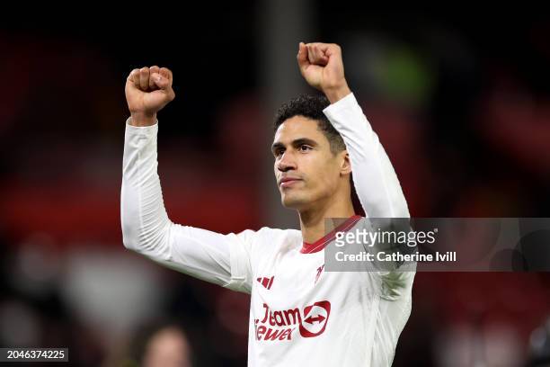 Raphael Varane of Manchester United celebrates after the Emirates FA Cup Fifth Round match between Nottingham Forest and Manchester United at City...