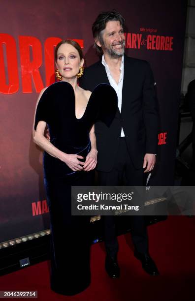 Julianne Moore and Bart Freundlich attend the "Mary and George" UK Premiere at Banqueting House on February 28, 2024 in London, England.