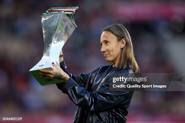 Spanish Footballer Virginia Torrecilla presents the UEFA Women's Nations League trophy prior to the UEFA Women's Nations League 2024 final match...