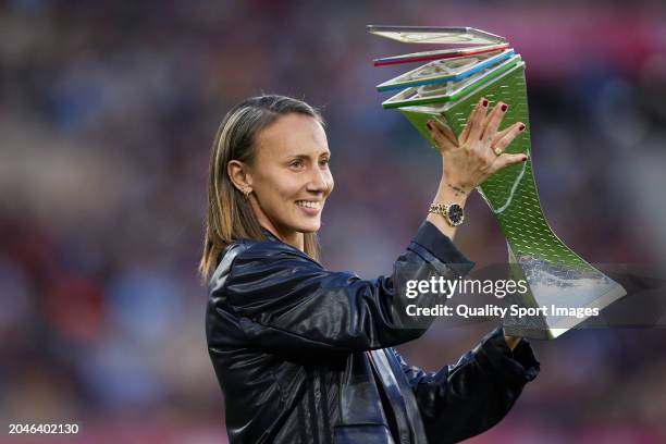 Spanish Footballer Virginia Torrecilla presents the UEFA Women's Nations League trophy prior to the UEFA Women's Nations League 2024 final match...
