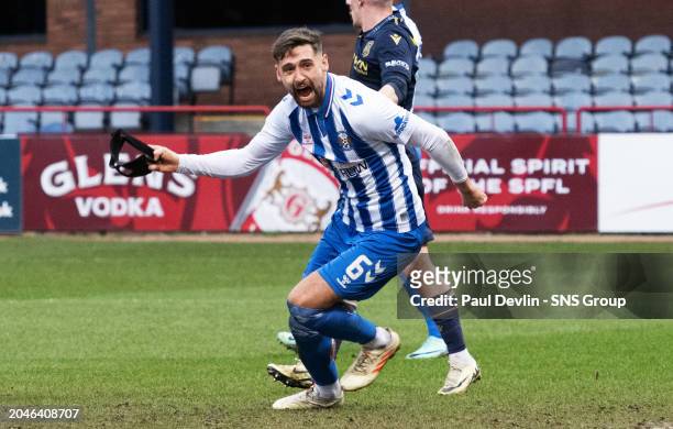 Kilmarnock's Robbie Deas celebrates scoring to make it 2-2 during a cinch Premiership match between Dundee and Kilmarnock at the Scot Foam Stadium at...
