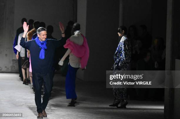 Fashion designer Dries Van Noten walks the runway during the Dries Van Noten Ready to Wear Fall/Winter 2024-2025 fashion show as part of the Paris...