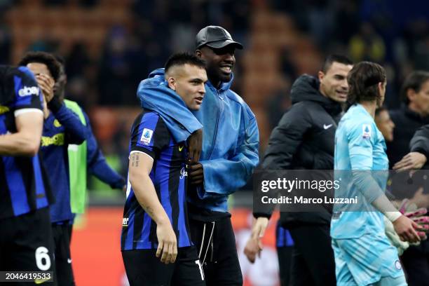 Lautaro Martinez and Marcus Thuram of FC Internazionale celebrate victory in the Serie A TIM match between FC Internazionale and Atalanta BC Serie A...