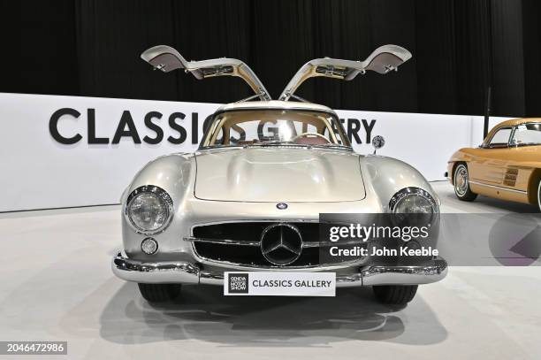 Mercedes 300 SL vintage car is displayed in the Classics Gallery during the Geneva Motor Show 2024 at Palexpo on February 26, 2024 in Geneva,...