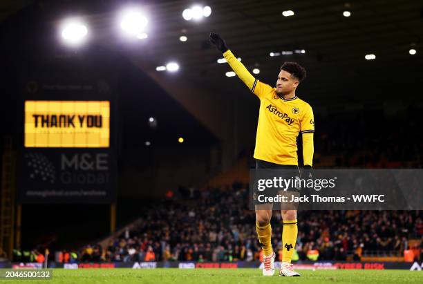 Joao Gomes of Wolverhampton Wanderers shows appreciation to the fans following victory in the Emirates FA Cup Fifth Round match between Wolverhampton...