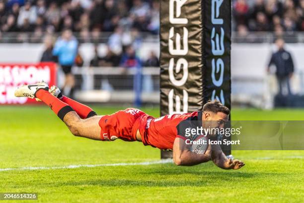Melvyn JAMINET of Toulon scores his try during the Top 14 match between Toulon and Perpignan at Felix Mayol Stadium on March 2, 2024 in Toulon,...