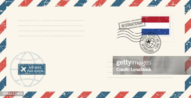 blank air mail grunge envelope with netherlands postage stamp. vintage postcard vector illustration with netherlands national flag isolated on white background. retro style. - postcard texture stock illustrations