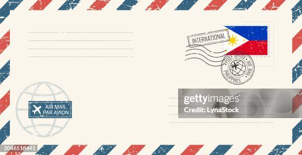 blank air mail grunge envelope with philippines postage stamp. vintage postcard vector illustration with philippines national flag isolated on white background. retro style. - philippines stock illustrations