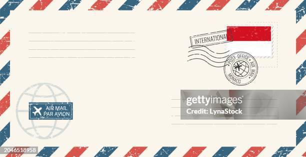blank air mail grunge envelope with monaco postage stamp. vintage postcard vector illustration with monaco national flag isolated on white background. retro style. - monaco stock illustrations