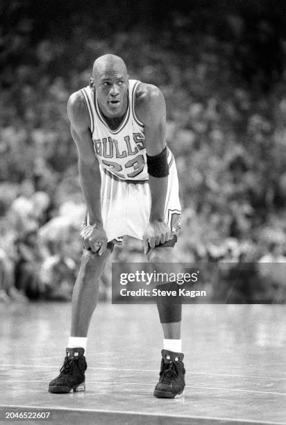 View of American basketball player Michael Jordan, of the Chicago Bulls, on the court during the first game of the NBA finals, Chicago, Illinois,...