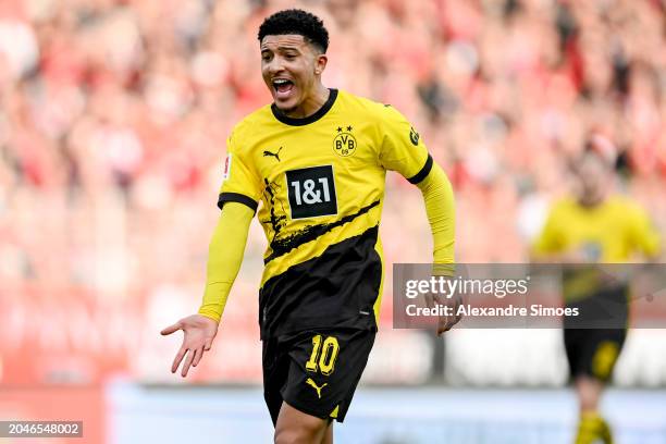 Jaden Sancho of Borussia Dortmund reacts during the Bundesliga soccer match between 1. FC Union Berlin and Borussia Dortmund at An der Alten...