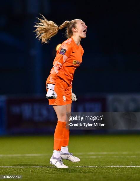 Westmeath , Ireland - 2 March 2024; Athlone Town goalkeeper Katie Keane celebrates as team-mate Chloe Singleton, not pictured, scores their side's...