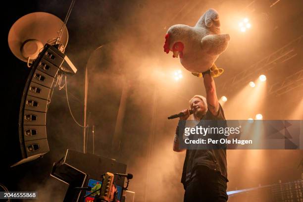 Marc Hudson from DragonForce performs on stage at Sentrum Scene on February 28, 2024 in Oslo, Norway.