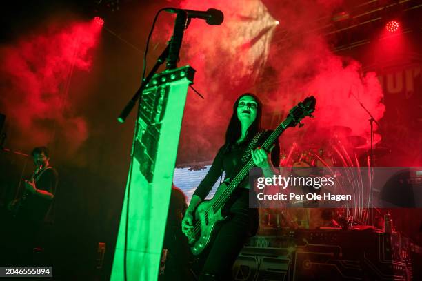 Alicia Vigil from DragonForce performs on stage at Sentrum Scene on February 28, 2024 in Oslo, Norway.