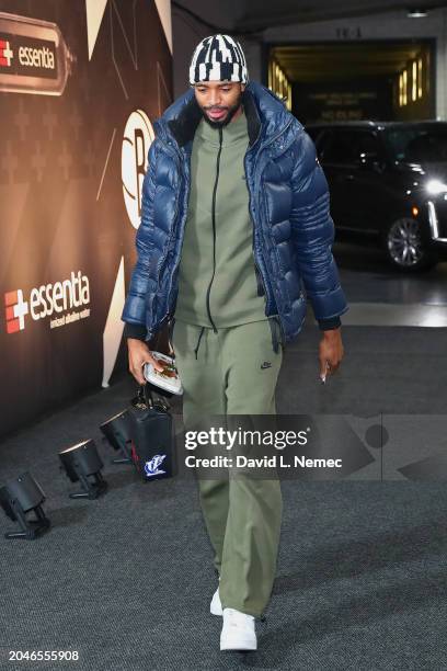 Mikal Bridges of the Brooklyn Nets arrives to the arena before the game against the Atlanta Hawks on March 2, 2024 at Barclays Center in Brooklyn,...