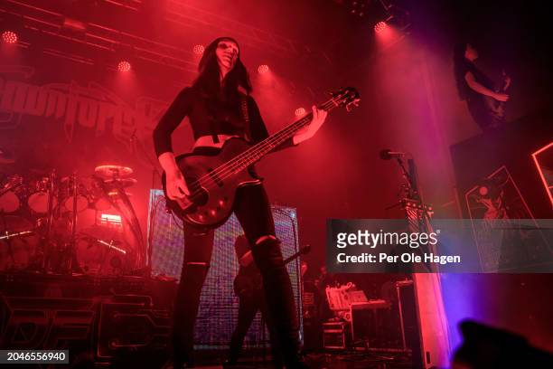 Alicia Vigil from DragonForce performs on stage at Sentrum Scene on February 28, 2024 in Oslo, Norway.