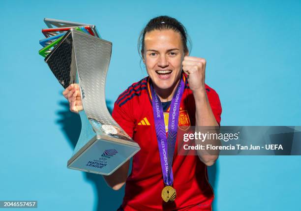 Irene Paredes of Spain poses for a photo with the UEFA Women's Nations League trophy after the team's victory in the UEFA Women's Nations League 2024...
