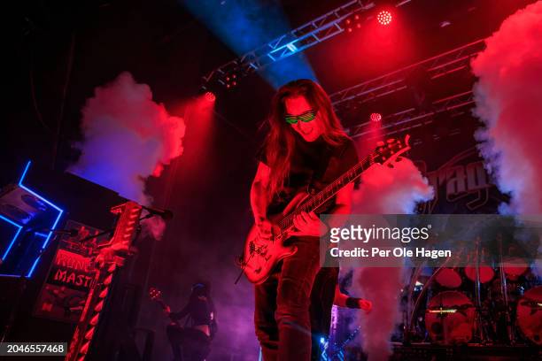 Herman Li from DragonForce performs on stage at Sentrum Scene on February 28, 2024 in Oslo, Norway.