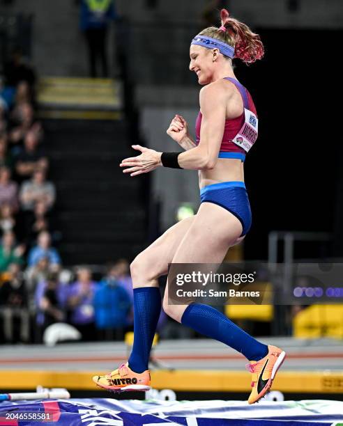 Scotland , United Kingdom - 2 March 2024; Sandi Morris of USA celebrates clearing 4.65m during the Women's Pole Vault Final on day two of the World...