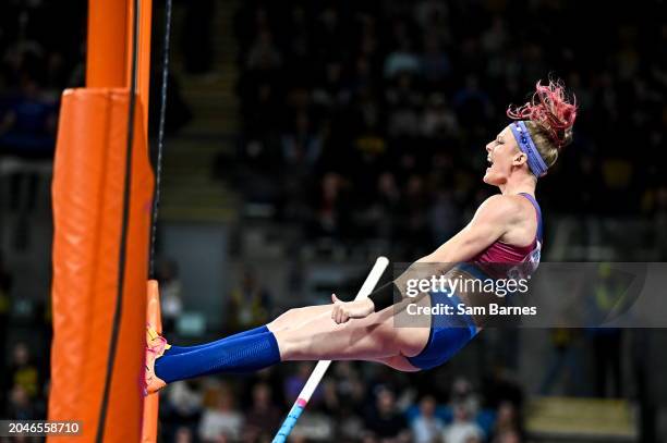 Scotland , United Kingdom - 2 March 2024; Sandi Morris of USA celebrates clearing 4.65m during the Women's Pole Vault Final on day two of the World...