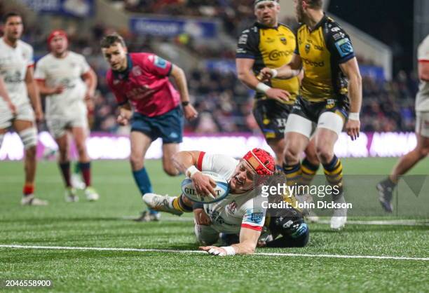 Northern Ireland , United Kingdom - 2 March 2024; Michael Lowry scores for Ulster during the United Rugby Championship match between Ulster and...