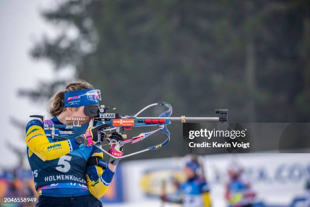 Elvira Oeberg of Sweden at the shooting range during the Women 12.5 km Mass Start at the BMW IBU World Cup Biathlon Oslo - Holmenkollen on March 2,...