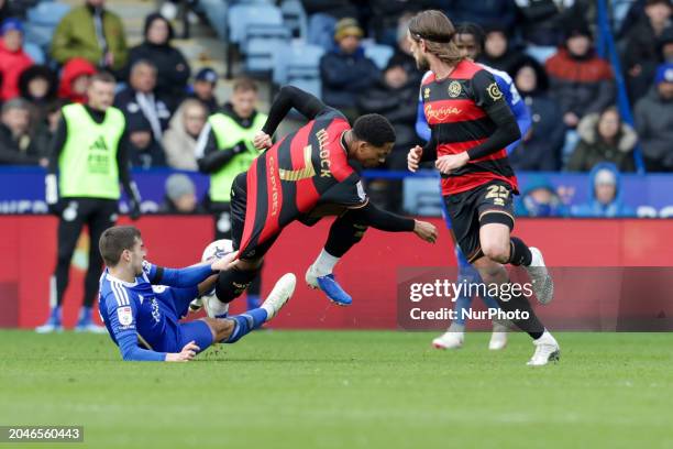 Leicester City's Harry Winks is getting physical with Queens Park Rangers' Chris Willock during the first half of the Sky Bet Championship match at...