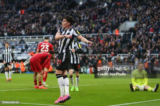 Tino Livramento of Newcastle United is celebrating his goal during the Premier League match between Newcastle United and Wolverhampton Wanderers at...