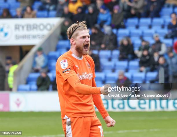 Blackpool's Hayden Coulson celebrates scoring his side's second goal during the Sky Bet League One match between Shrewsbury Town and Blackpool at...