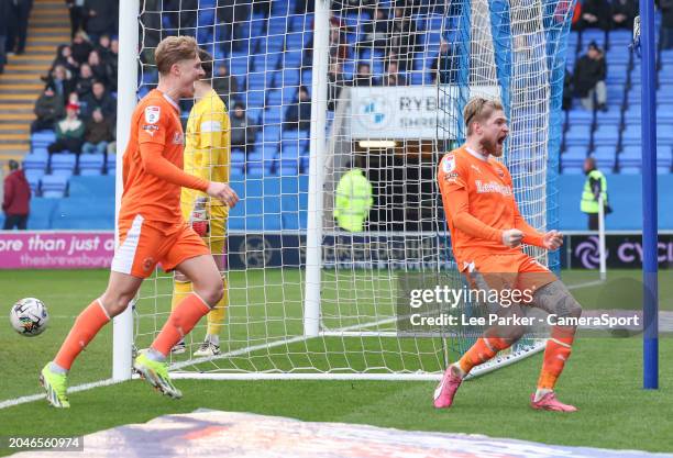 Blackpool's Hayden Coulson celebrates scoring his side's second goal with George Byers close by during the Sky Bet League One match between...