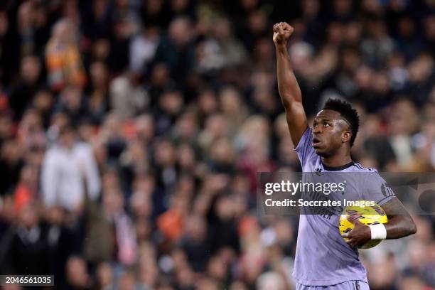 Vinicius Jr of Real Madrid celebrates 2-1 during the LaLiga EA Sports match between Valencia v Real Madrid at the Mestalla Stadium on March 2, 2024...