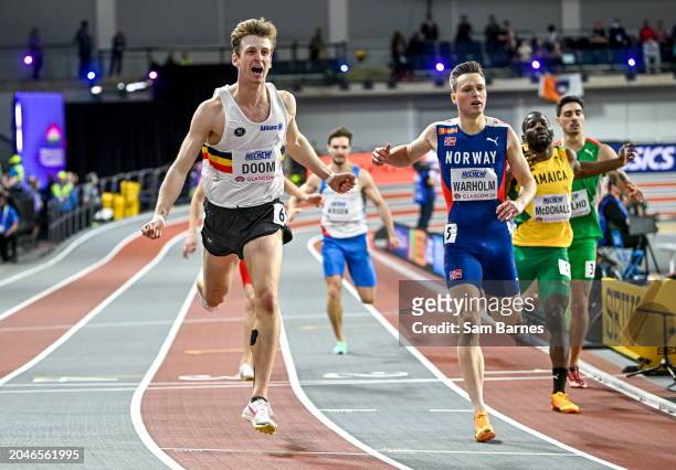 Scotland , United Kingdom - 2 March 2024; Alexander Doom of Belgium celebrates after winning the Men's 400m Final from Karsten Warholm of Norway on...